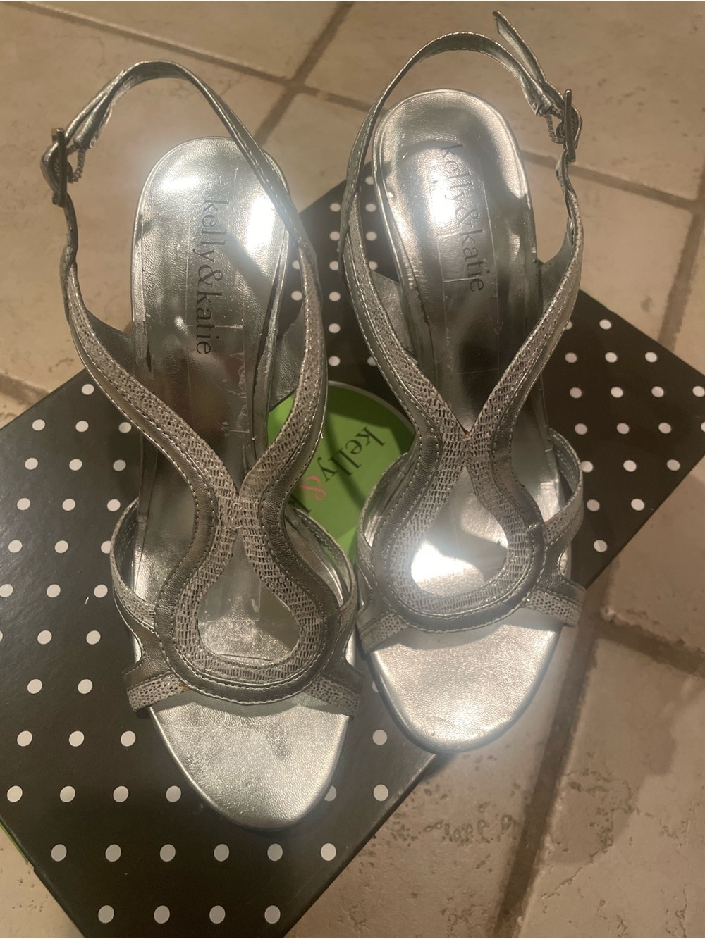 Kelly & Katie Silver Metallic Slingback Heels with Decorative Straps
